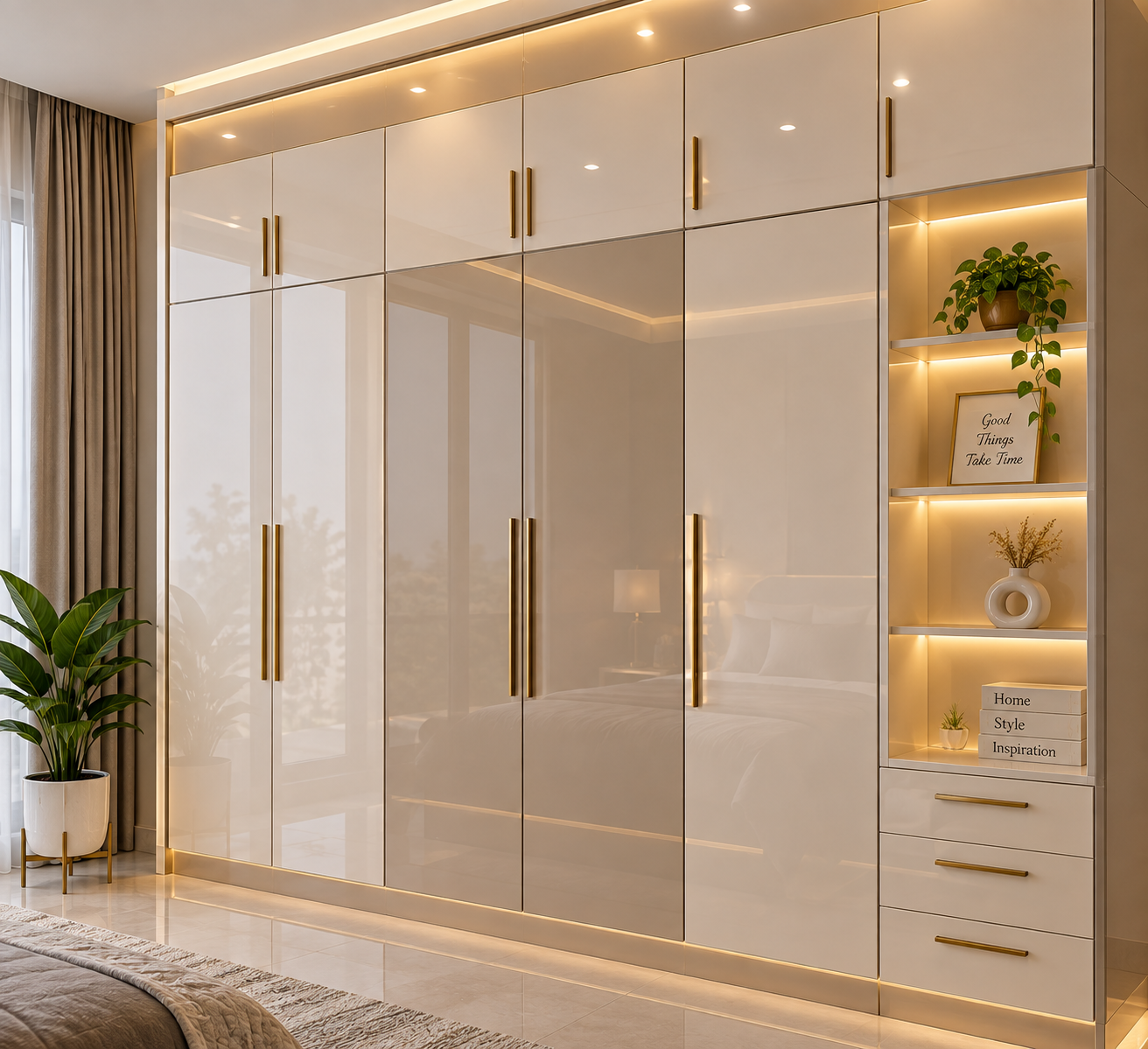 Floor to ceiling fluted glass modular wardrobe